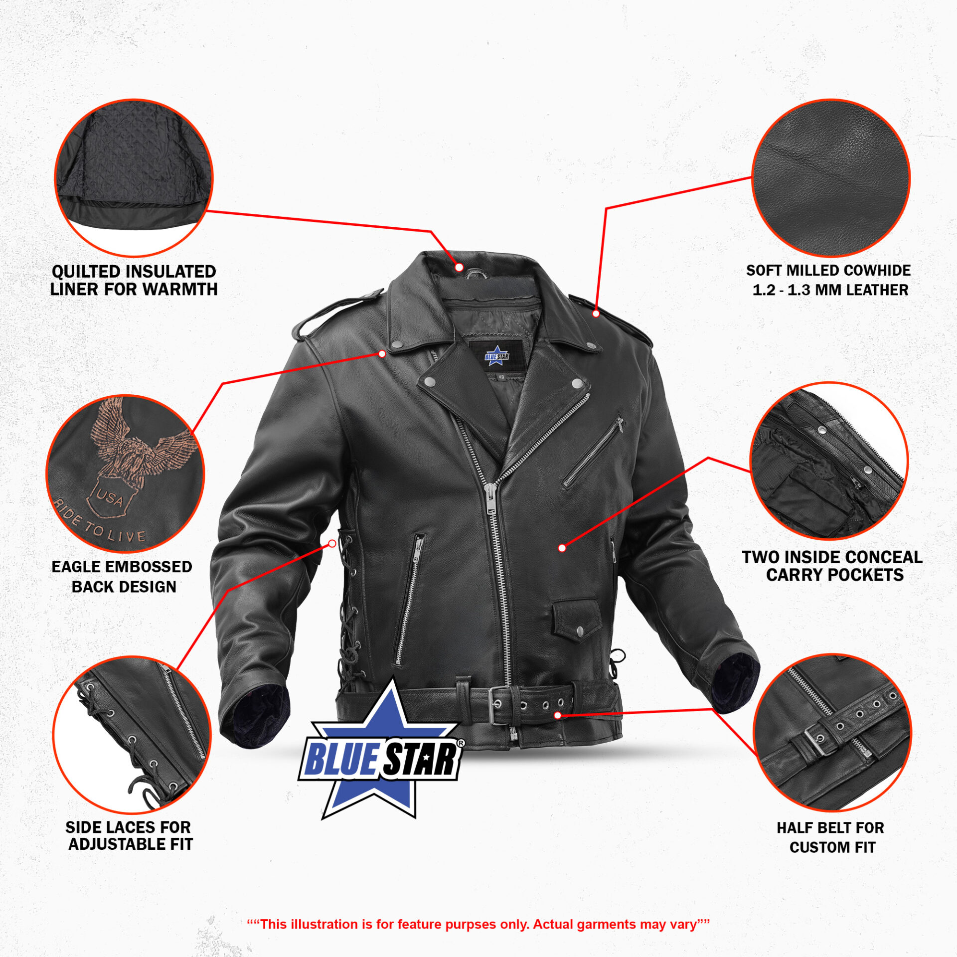 BSM1146 Men's Eagle Embossed Live To Ride - Ride To Live Classic Black Leather Mot - Image 2