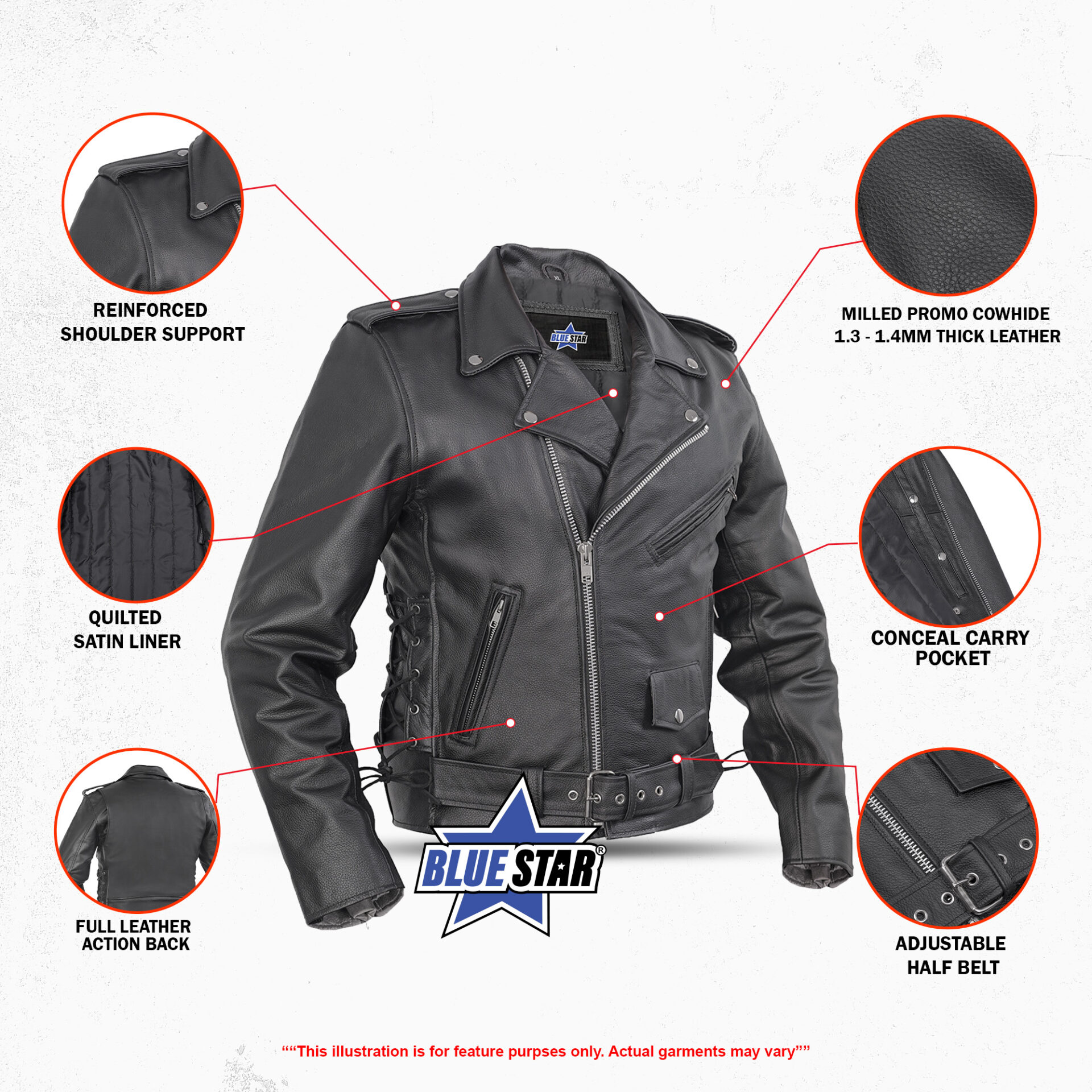 BSM1141 Economy Motorcycle Classic Biker Leather Jacket - Side Laces - Image 2