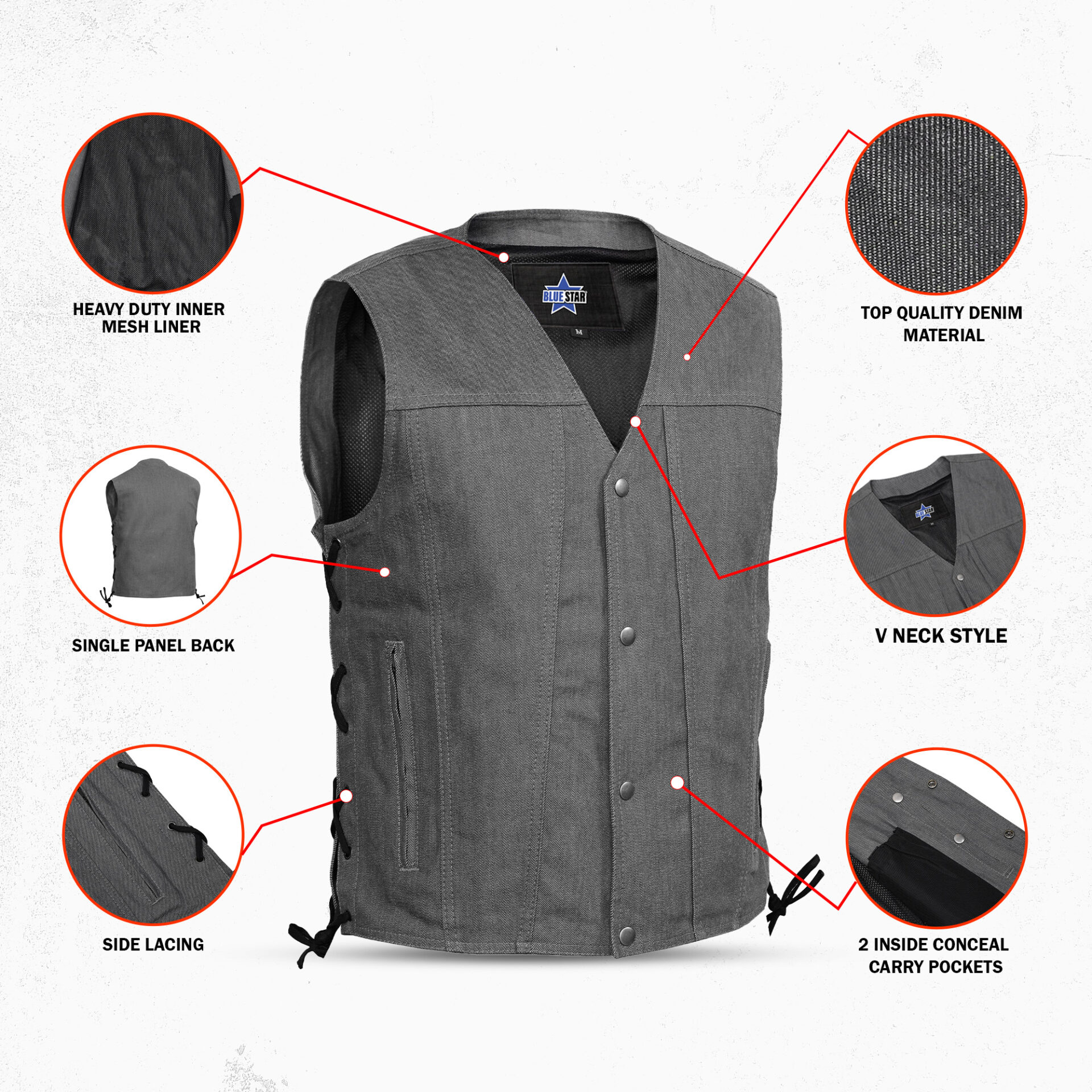 BSM1539 Men's Rough Rub-Off Raw Finish Broken Gray Denim Vest - Image 2