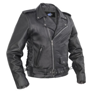 BSM1141 Economy Motorcycle Classic Biker Leather Jacket - Side Laces