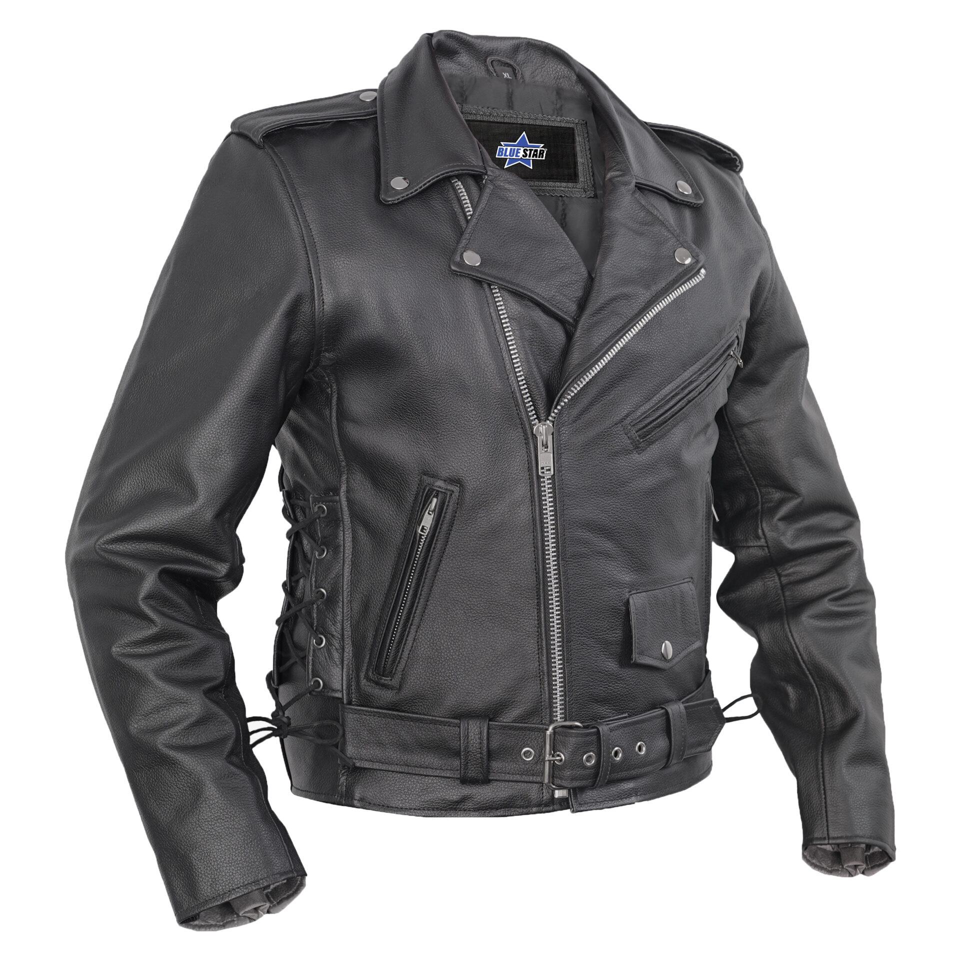 BSM1141 Economy Motorcycle Classic Biker Leather Jacket - Side Laces