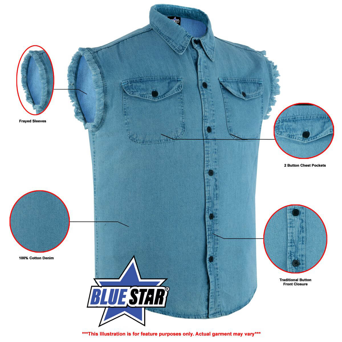BSM1580 Men's Blue Lightweight Sleeveless Denim Shirt - Image 2