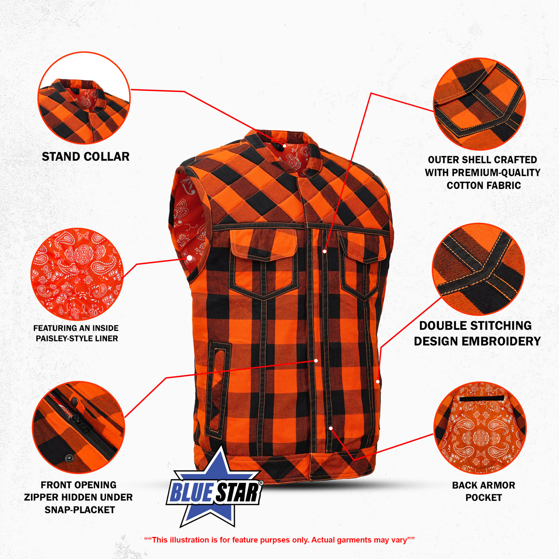 BSM4620 Rogue Inferno Black and Orange Flannel Textile Vest - Image 9