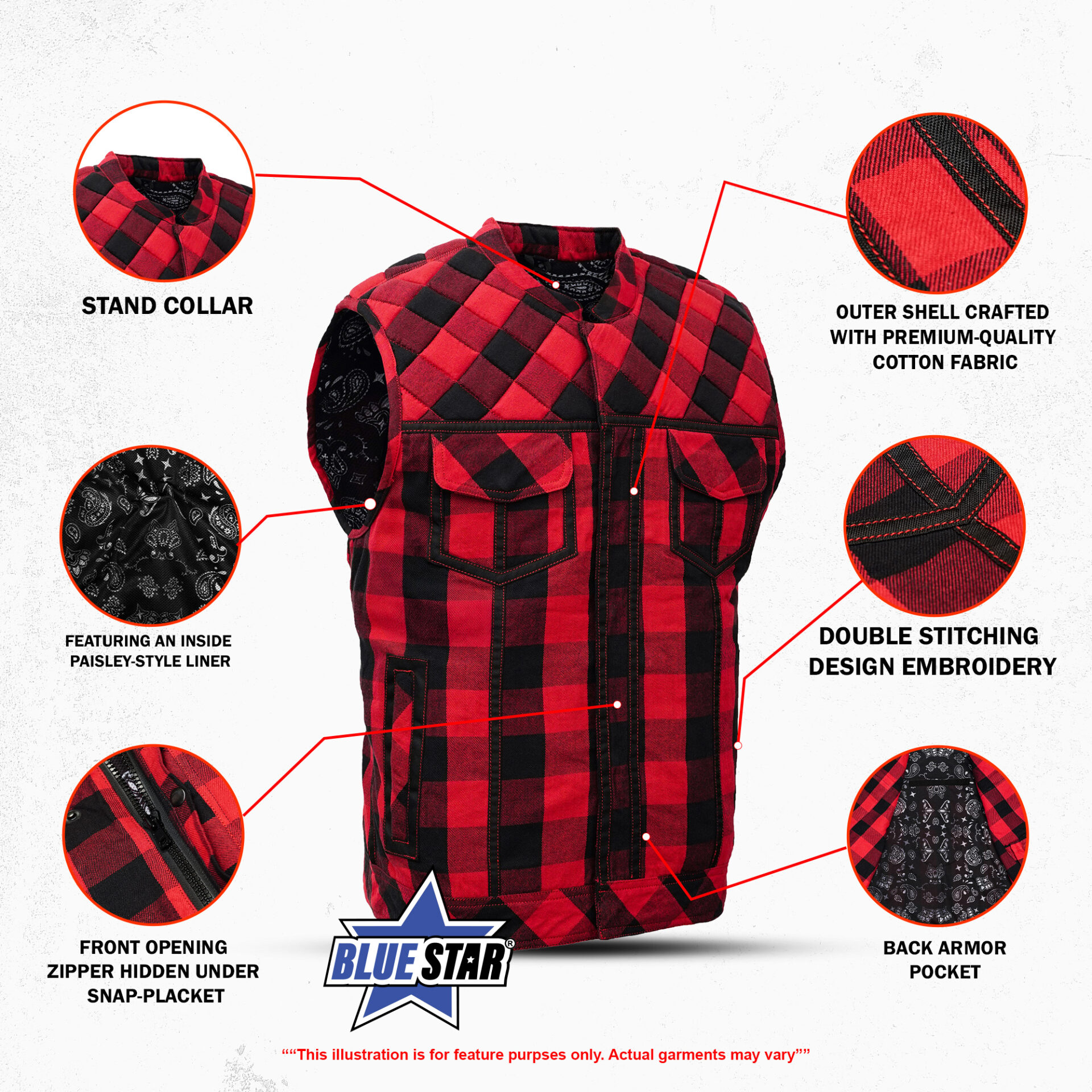 BSM4618 Scarlet Fury Black and Red Flannel Textile Vest - Image 10